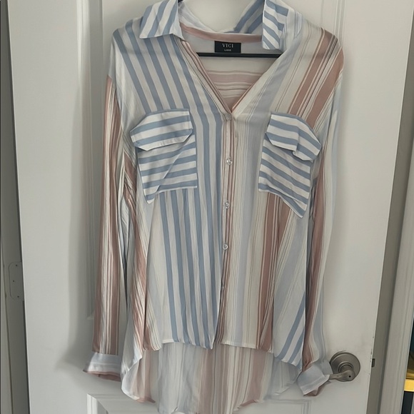 Vici Tops - Vici Blue and White Button Down Shirt with Notched Collar